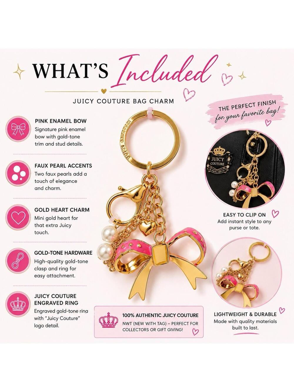 Juicy Couture Pink Bow Pearl Heart Bag Charm Keychain Gold Tone NWT Y2K - Picture 3 of 4